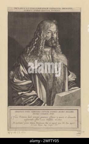 Portrated Van Albrecht Dürer, Lucas Kilian, d'après Hans Rottenhammer (I), d'après Albrecht Dürer, 1608 print texte en latin dans la marge inférieure et supérieure. Augsbourg gravure sur papier personnes historiques. portrait, autoportrait de graphiste Banque D'Images