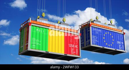 Conteneurs maritimes avec drapeaux du Mali et de l'Union européenne - illustration 3D. Banque D'Images