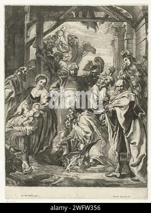 Adoration des rois, Remoldus Eynhoudts, d'après Pierre Paul Rubens, 1626 - 1680 print papier Anvers gravure adoration des rois : les Sages présentent leurs dons à l'enfant-Christ (or, encens et myrrhe) Banque D'Images