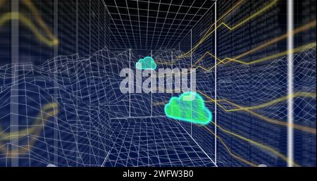 Image des icônes de nuage et du traitement des données sur la grille métaverse Banque D'Images