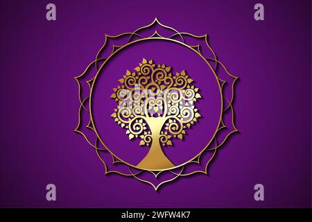 Gold Tree of Life sur modèle de logo de bordure de cadre lotus Sacré. Motifs ésotériques du bouddhisme, yoga spirituel. Golden Mandala Vector isolé sur violet Illustration de Vecteur