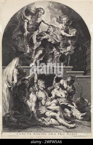 Christ nommant Saint Roch patron des victimes de la peste, Paulus Ponce, d'après Pierre Paul Rubens, 1626 estampe Saint Rochus s'agenouille sur un escalier de pierre devant Christ. Le Christ ressuscité pointe vers un ange qui porte une tablette dans ses mains indiquant que le modèle Saint de l'intimidateur deviendra. Au bas de l'escalier, il y a des intimidateurs qui demandent H. Rochus avec des gestes suppliants pour son intercession. Anvers gravure sur papier St. Roch désigné par Christ comme patron de la peste ; un ange tient (ou pointe vers) l'inscription 'Eris in peste patronis' Banque D'Images