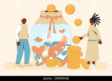 Concept de don. Journée internationale de charité. Grand-père et petite-fille debout près de l'argent de pot de verre avec des pièces de monnaie, des billets de banque, des symboles de coeur. Conseils pour Illustration de Vecteur
