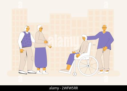 Conversation entre couples âgés. Journée mondiale des seniors. Les personnes âgées se tenant ensemble et communiquant. Quatre anciens hommes et femmes parlent dans le Illustration de Vecteur