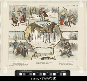 ICE Entertainment, 1903 - 1919 imprimer feuille avec 7 spectacles d'activités hivernales, y compris le patinage, la conduite de traîneau et la fabrication d'un bonhomme de neige. Dans la marge inférieure un verset. Numéroté en haut à droite : no 3. Editeur : The BEPRITER : patins d'impression typographique en papier Haarlem (sports d'hiver). (faire un) bonhomme de neige Banque D'Images