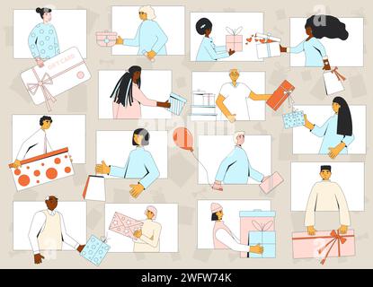 Offrez-vous des cadeaux de Noël par appel vidéo. Échange de cadeaux en ligne. Échange virtuel entre amis et collègues. Illustration vectorielle de contour plat Illustration de Vecteur