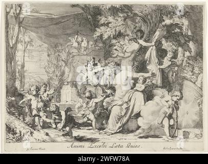 Vénus pleure la mort d'Adonis, Gérard de Lairesse, 1670 print Vénus pleure dans un paysage pour Adonis qui a été tué par un sanglier pendant la chasse. Elle sèche ses larmes avec sa robe et est entourée de putti avec des flèches et des toortsen essayant de la réconforter. Un putto offre à Vénus un bol. Sur la droite au premier plan Amor cordes son arc, en arrière-plan il y a une tombe. Peut-être un pendentif d'une impression avec l'image de Vénus qui donne des armes à Énée. Papier mordant Vénus pleurant Adonis. cupidons : 'amores', 'amoretti', 'putti'. (Histoire de) Cupidon, Amor (Eros) Banque D'Images