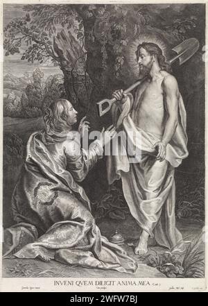 Christ apparaît à Maria Magdalena (Noli me Tangere), Jacob Neefs, d'après Gerard Seghers, 1620 - 1680 print Maria Magdalena s'agenouille pour Christ dans un paysage. Il lui fait face avec une bêche sur l'épaule, la blessure sur le côté visible. À côté de Maria Magdalena se trouve son pot de pommade. Au bas de la marge une Bible en latin de Hoogl. 3. Gravure sur papier anversois Marie-Madeleine agenouillée devant Christ, qui est généralement représentée comme un jardinier avec une houe et / ou une bêche; 'Noli me tangere' Banque D'Images