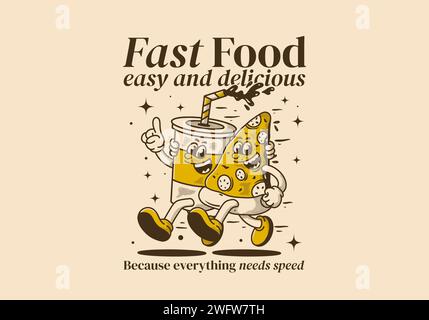 Restauration rapide, facile et délicieux. Illustration de personnage de mascotte de courir pizza et boisson non alcoolisée Illustration de Vecteur