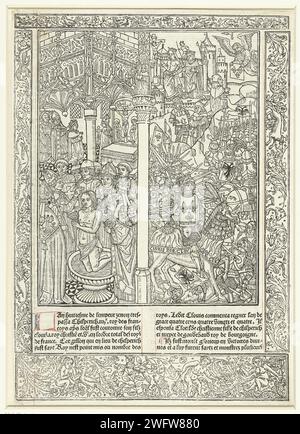 Le baptême de Clovis Ier et la bataille de Tolbiac, Anonyme, 1488 - 1538 scènes imprimées de la vie du roi Clovis Ier En bas à droite Clovis à cheval pendant la bataille de Tolbiac, en haut à droite Clovis qui promet de convertir à sa femme Clothilde au christianisme et deux scènes de la légende du lys français (Fleur-de-LIS), en haut à gauche clovis pour l'autel, en bas à gauche le baptême de Clovis par Remigius. Sous le spectacle deux colonnes de texte en français, autour des bords ornementaux de performance. Imprimé à partir de plusieurs blocs. France stylo papier St. Remigius baptise Clovis, roi du Fran Banque D'Images