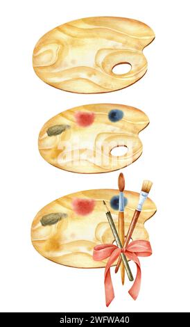 Illustration isolée avec des matériaux artistiques faits à la main, des pinceaux, des peintures, des crayons, des éléments d'aquarelle sur un fond blanc. Banque D'Images