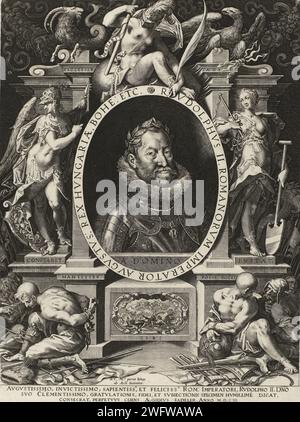 Portrait de l'empereur Rodolphe II dans un cadre avec des figures allégoriques, Aegidius Sadeler (II), d'après Hans von Aix-la-Chapelle, 1603 estampe Rodolphe II, empereur du Saint-Empire romain germanique. Portrait en ovale enfermé dans un cadre architectural avec trois personnifications : Minerve gauche, zèle droit et au-dessus du portrait victoire. Sous le portrait dans un cartouche une bataille. Prisonniers de gauche et en bas à droite. L'impression a une légende latine. Gravure sur papier de Prague couronnant de Laurier. prisonnier de guerre (après la bataille). (Histoire de) Minerve (Pallas, Athéna). Victoire. Labeur, assiduité ; 'AssiduitÃ', 'Industria', 'Zelo' Banque D'Images