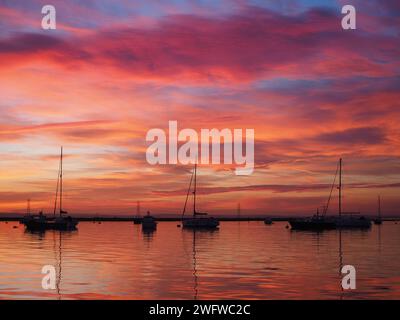 Queenborough, Kent, Royaume-Uni. 1 février 2024. Météo Royaume-Uni : magnifique coucher de soleil saharienne dans le port de Queenborough, Kent ce soir. Crédit : James Bell/Alamy Live News Banque D'Images