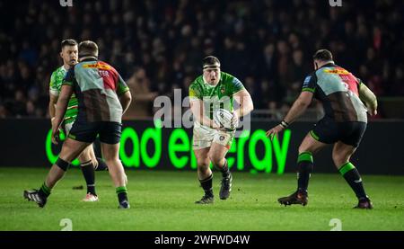 Leicester Tigers Dan Richardson en action lors de Harlequins vs Leicester Tigers, The Stoop, Twickenham, Londres Royaume-Uni le 26 janvier 2024. scor final Banque D'Images