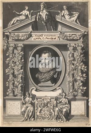 Portrait de Gérard Thibault en cadre architectural, Willem Jacobsz Delff, d'après David Bailly, 1590 - 1638 tirage Portrait de Gérard Thibault, buste sur piédestal en ovale entre colonnes en architecture triomphale. Le monument est décoré de guirlandes de feuilles de chêne. Au-dessus d'un fronton cassé avec un cheval en piquant tenu en échec par deux personnifications féminines de vertus. Sous le portrait deux vertus assises avec armoiries. La gravure sur papier Delft triomphe (allégorique et symbolique). personnages historiques Banque D'Images