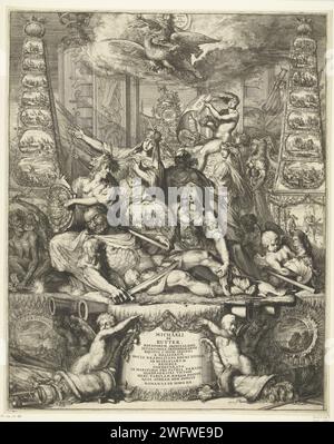 Allégorie sur la mort de Michiel de Ruyter, 1676, Romeyn de Hooghe, 1676 - 1677 imprimer allégorie sur la mort de l'amiral Michiel de Ruyter, 29 avril 1676. Mausolée avec le corps du héros marin décédé tanké par la Vierge néerlandaise, la vierge de la ville d'Amsterdam et une femme avec son écusson familial. Derrière ce Mercure, Fortuin, puissance et autres figures allégoriques. Des deux côtés deux colonnes avec des images des victoires de de Ruyter. Au bas d'une inscription sur le piédestal d'une colonne en latin. Pays-Bas papier gravure personnifications de pays, nations, États, districts, etc. personnicat Banque D'Images