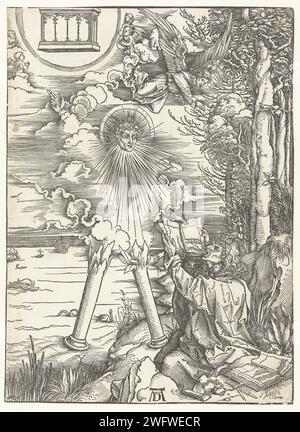 Johannes de Evangelist dévore le livre, Albrecht Dürer, imprimé en 1498 un ange habillé d'un nuage, avec un visage radieux et avec des jambes comme des piliers brûlants, apparaît à Jean et lui donne un livre qu'il commence immédiatement à manger. Sur Versozijde texte biblique latin en écriture gothique en deux colonnes. Nuremberg impression typographique sur papier John prend le petit livre de l'ange et le mange Banque D'Images