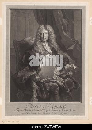 Portret van Pierre Mignard, Georg Friedrich Schmidt, d'après Hyacinthe Rigaud, tirage 1744 gravure sur papier Paris / portrait-gravure, autoportrait d'artiste Banque D'Images