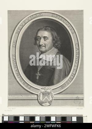 Portret van Ferdinand de Neufville, Robert Nanteuil, 1664 tirage Portrait de l'évêque Ferdinand de Neufville dans un cadre ovale avec texte. Au bas d'un blason. Gravure sur papier France Banque D'Images