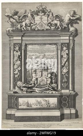 La tombe de Praal de Maarten Harpertsz. Tromp, 1653, Cornelis van Dalen (II), d'après Jacob van Campen, d'après Rombout Verhulst, 1656 imprimer Amiral Maarten Tromp, tué dans la bataille navale de Terheide le 10 août 1653. La pompe dans l'Oude Kerk à Delft achevé en 1656. Sur le piédestal deux versets de quatre lignes de Vondel. Dans la légende la cession aux États généraux en latin. Nord des pays-Bas gravure papier tombe-bâtiment, tombe monumentale. Bataille de Scheveningen Vieille église Banque D'Images