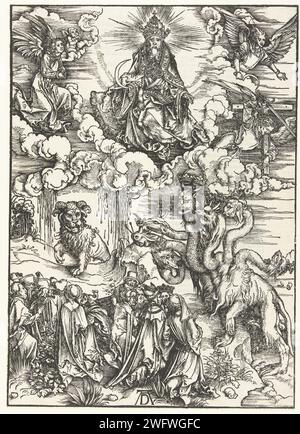 Christ avec une faucille, la bête avec les cornes comme d'un agneau et le dragon de sept membres, Albrecht Dürer, 1511 print Christ voyage dans le ciel, une faucille dans la main droite et entouré de quatre anges. Au-dessous de lui, il y a une bête avec la tête d'un lion et des cornes comme d'un agneau, et un dragon de sept membres, qui est adoré par une foule. Sur Versozijde texte biblique latin en écriture gothique en deux colonnes. Typographie papier Nuremberg imprimant le fils de l'homme (Christ) avec la faucille. la bête à deux cornes hors de la terre et la bête hors de la mer sont adorées Banque D'Images