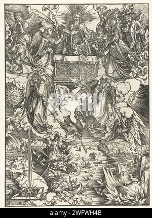 De Zeven Angels avec de Bazuinen, Albrecht Dürer, 1511 estampe Dieu remet le patron à sept anges dans le ciel. Quand ils le soufflent, un grand désastre vient sur la terre : les villes sont en feu, les navires périssent. Un aigle Weeklagt sur les terres avec les mots 'VE ve'. Sur Versozijde texte biblique latin en écriture gothique en deux colonnes. Typographie papier Nuremberg imprimant les sept anges avec des trompettes  Révélation de Jean Banque D'Images