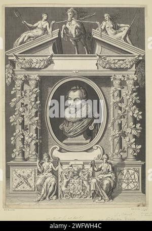 Portrait de Gérard Thibault en cadre architectural, Willem Jacobsz Delff, d'après David Bailly, 1590 - 1638 tirage Portrait de Gérard Thibault, buste sur piédestal en ovale entre colonnes en architecture triomphale. Le monument est décoré de guirlandes de feuilles de chêne. Au-dessus d'un fronton cassé avec un cheval en piquant tenu en échec par deux personnifications féminines de vertus. Sous le portrait deux vertus assises avec armoiries. La gravure sur papier Delft triomphe (allégorique et symbolique). personnages historiques Banque D'Images