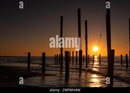 Poteaux monumentaux en bois, y compris une balançoire, dans la mer lors d'un beau coucher de soleil aux pays-Bas Banque D'Images