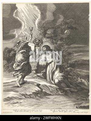 Christ et Engel avec Kelk Op Olijf Berg (Getsémane), Anonyme, d'après Pieter de Bailliu (I), d'après Pierre Paul Rubens, 1623 - 1710 print Christ et Engel avec Kelk sur les oliviers (Getsémane). Sous l'exécution se trouvent quatre versets latins dans lesquels il est fait référence à la souffrance du Christ pour le croyant. Anvers gravure sur papier agonie du Christ : pour le réconforter un ou plusieurs anges apparaissent au Christ avec un calice et/ou une croix Banque D'Images