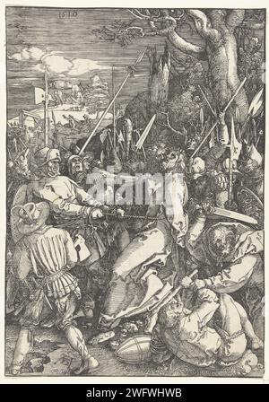 Collection, Albrecht Dürer, 1511 print Christ est trahi par Judas avec un baiser et capturé par des soldats. Texte latin imprimé sur le côté frais. Ce tirage fait partie de la série de presse 'la Grande passion', composée d'un tirage titre et de 11 scènes de l'histoire de la souffrance. Typographie papier Nuremberg imprimant le baiser de Judas : accompagné de soldats avec des torches et des lanternes, il embrasse le Christ Banque D'Images