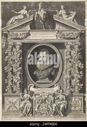 Portrait de Gérard Thibault en cadre architectural, Willem Jacobsz Delff, d'après David Bailly, 1628 - 1630 tirage Portrait de Gérard Thibault, buste sur piédestal en ovale entre colonnes en architecture triomphale. Le monument est décoré de guirlandes de feuilles de chêne. Au-dessus d'un fronton cassé avec un cheval en piquant tenu en échec par deux personnifications féminines de vertus. Sous le portrait deux vertus assises avec armoiries. La gravure sur papier Delft triomphe (allégorique et symbolique). personnages historiques Banque D'Images