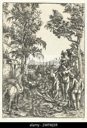 Jugement de Paris, Lucas Cranach (I), 1508 print Mercure éveille le Paris endormi afin qu'il puisse décider laquelle des trois déesses Juno, Minerve ou Vénus est la plus belle. Les femmes ne peuvent être distinguées ici par des attributs. Document de l'Allemagne le jugement de Paris (Mercure présent) Banque D'Images
