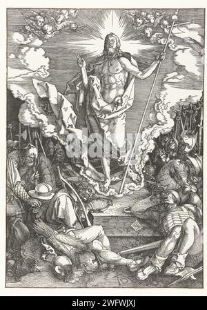 Résurrection, Albrecht Dürer, 1510 print Christ, un bâton avec une palette à la main, se lève de sa tombe. Un certain nombre de soldats endormis sont autour de lui. Ce tirage fait partie de la série de presse 'la Grande passion', composée d'un tirage titre et de 11 scènes de l'histoire de la souffrance. Papier de Nuremberg Christ, tenant habituellement une bannière, naît de la tombe ; souvent combiné avec des soldats endormis et/ou effrayés Banque D'Images