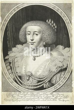 Portrait d'Henrietta Maria van Bourbon, reine d'Angleterre, Willem Jacobsz Delff, d'après Daniël Mijtens (I), 1630 tirage Portrait d'Henrietta Maria van Bourbon, reine d'Angleterre, cuirasse ovale avec col en dentelle et perles. Devise sur accompagnement ovale, inscription latine en STUDMARGE. Règle de gravure en soie Delft, Sovereign - BB - règle femelle Banque D'Images