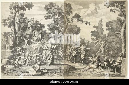 Minerva visite Apollon et les muses sur le Parnasse, vers 1694 - dans ou avant vers 1737 imprimer Minerve et Apollon sur la chaîne de montagnes Parnasse, la ville natale du Muzen. Les muses et les putti sont sur l'eau et font de la musique ou cueillent des fleurs. Amsterdam papier gravure / gravure Parnassus, sacré à Apollo Musagetes. Activités et relations non agressives, amicales ou neutres de Minerva. (Histoire de) Apollo (Phoebus) Banque D'Images