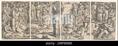 Mozes brise les tables de la Loi, Andrea Andreani, d'après Francesco Vanni, d'après Domenico Beccafumi, 1590 print Moïse tient une tablette de pierre au-dessus de sa tête, prêt à la jeter sur le sol. Sur la droite le veau d'or qui est honoré par le peuple. A gauche les Israélites qui jettent des bijoux en or dans le feu pour en forger le veau d'or. Imprimeur : Italyafter design by : Siena paper. Pinceau à encre / stylo en voyant les idolâtres Moïse brise les tables de la loi Banque D'Images