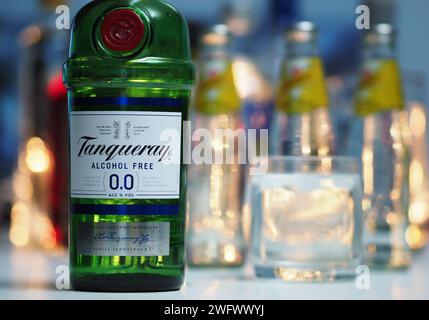 Allemagne. 01 février 2024. Dans cette illustration photo, une bouteille de Tanqueray Alcohol Free Gin vu affiché dans un bar. (Photo Igor Golovniov/SOPA Images/Sipa USA) *** strictement à des fins éditoriales *** crédit : SIPA USA/Alamy Live News Banque D'Images