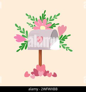 Une boîte aux lettres en métal gris sur un pied brun avec des enveloppes de Saint-Valentin se tient dans une pile de coeurs roses éparpillés. Fleurs et feuilles. Vecteur Illustration de Vecteur