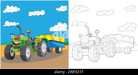 Mignon Smiling Tractor coloriage page pour les enfants Illustration de Vecteur