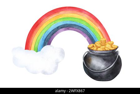 Leprechaun pot d'or à la fin de l'illustration arc-en-ciel isolé sur fond blanc. Symbole traditionnel de la Saint Patrick. Aquecol dessiné à la main Banque D'Images