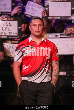 Utilita Arena, Cardiff, Royaume-Uni. 1 février 2024. 2023 PDC Premier League Darts Cardiff Night 1 ; Gerwyn Price lors de sa marche sur crédit : action plus Sports/Alamy Live News Banque D'Images