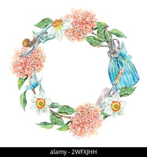 Aquarelle à jonquilles. Cadre floral avec hortensia et accessoires de jardin. Illustration aquarelle isolée sur fond blanc. Conception pour carte Banque D'Images
