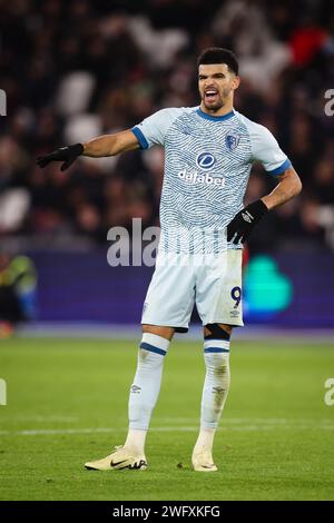 LONDRES, Royaume-Uni - 1 février 2024 : Dominic Solanke de l'AFC Bournemouth réagit lors du match de Premier League entre West Ham United et l'AFC Bournemouth au London Stadium (crédit : Craig Mercer / Alamy Live News) Banque D'Images