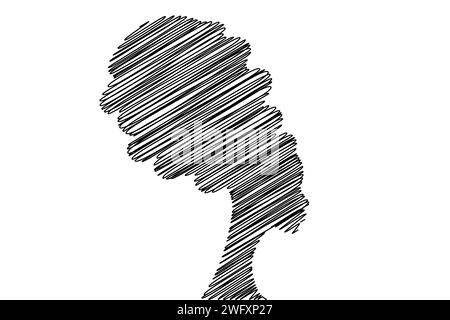 Portrait femme africaine en turban ethnique dans le style de dessin griffonné, dessin à la main silhouette de logo femme noire. Beauté, coiffure, concept salon, vecteur Illustration de Vecteur