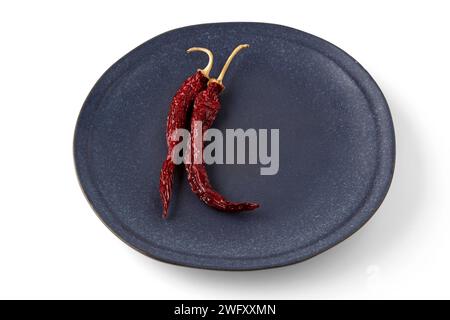 capsicums rouges chauds séchés sur une plaque en céramique grise. deux poivrons isolés sur fond blanc Banque D'Images