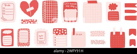 Collection d'autocollants mémo sur le thème de la Saint-Valentin. Feuilles d'autocollants d'amour de planification de journal. Illustration de Vecteur