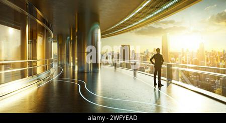 Homme d'affaires debout à l'extérieur d'un bureau de luxe admirant le magnifique lever du soleil sur la ville. Rendu 3D. Banque D'Images