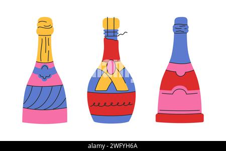 Ensemble de bouteilles de vin et de champagne dans un style plat. Illustrations vectorielles colorées de doodle de la Saint-Valentin. Bon pour les autocollants Illustration de Vecteur