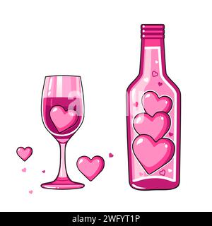 Icône vectorielle mignonne avec bouteille de vin rose et verre pour la Saint-Valentin. Collection d'éléments de design plats. Illustration minimale de dessin animé pour la bannière Web de conception Illustration de Vecteur