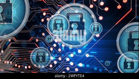 Image du traitement des données et des cadenas sur fond noir Banque D'Images